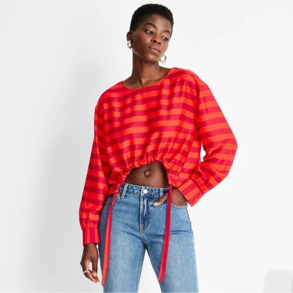 Future Collective Women's Striped Long Sleeve Drawstring Blouse NWT Medium - Picture 1 of 7